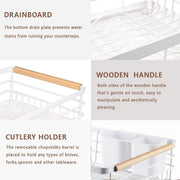 CARLA HOME Dish Drying Rack with Wooden Handles, Removable Cutlery Holder & Drainboard for Kitchen Countertop V178-36323