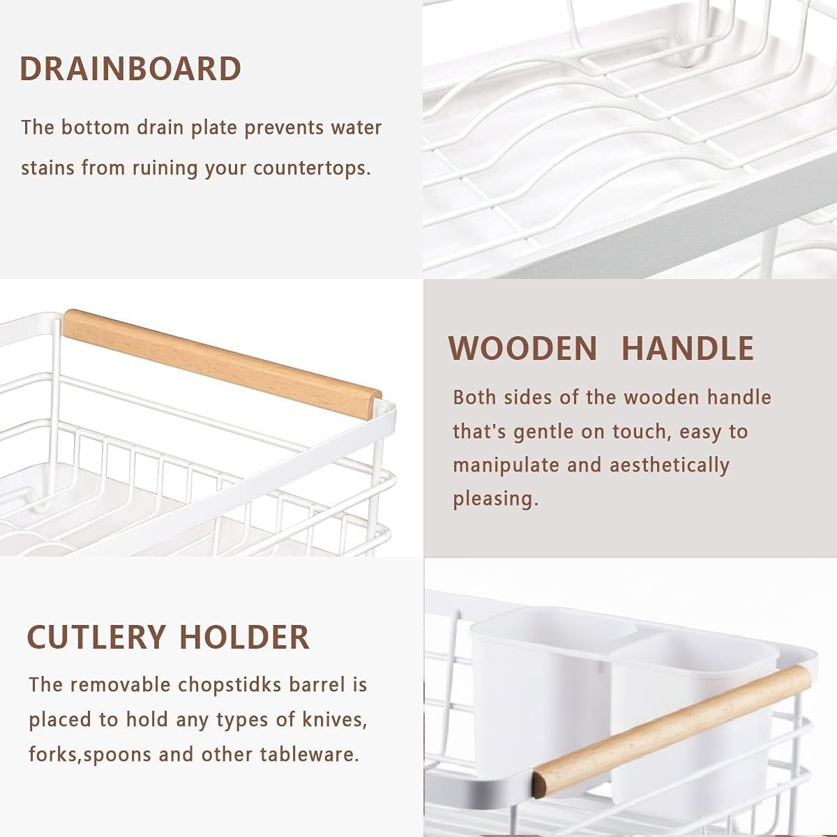 CARLA HOME Dish Drying Rack with Wooden Handles, Removable Cutlery Holder & Drainboard for Kitchen Countertop V178-36323