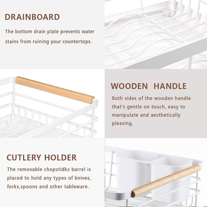 CARLA HOME Dish Drying Rack with Wooden Handles, Removable Cutlery Holder & Drainboard for Kitchen Countertop V178-36323