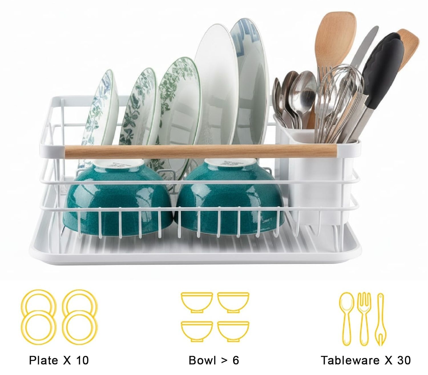 CARLA HOME Dish Drying Rack with Wooden Handles, Removable Cutlery Holder & Drainboard for Kitchen Countertop V178-36323