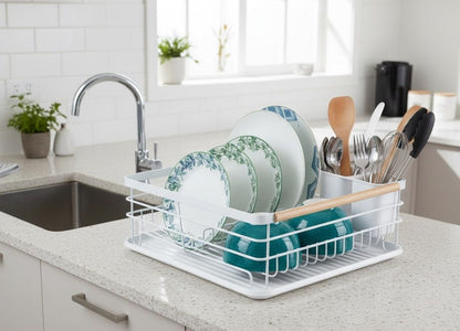 CARLA HOME Dish Drying Rack with Wooden Handles, Removable Cutlery Holder & Drainboard for Kitchen Countertop V178-36323
