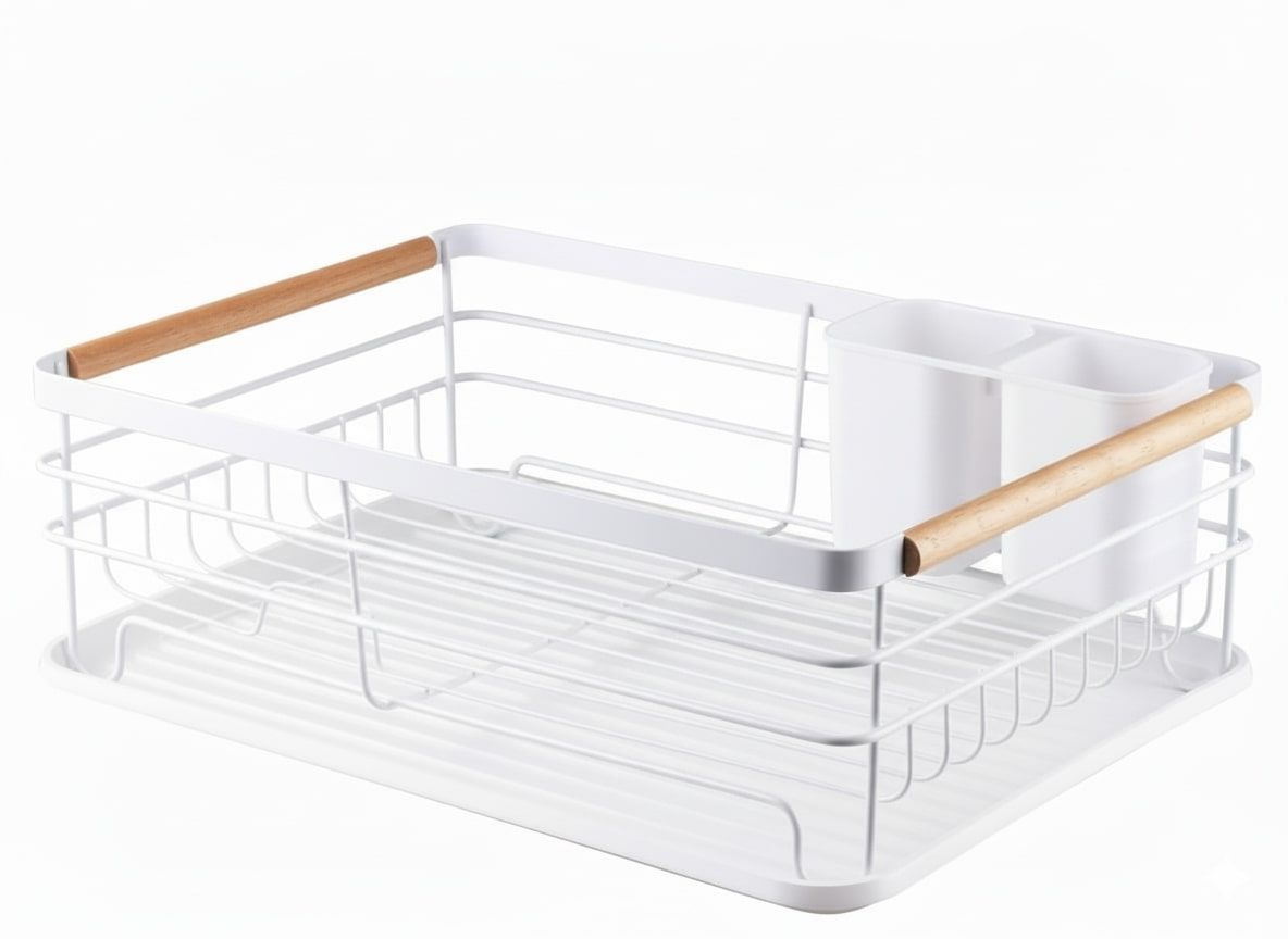 CARLA HOME Dish Drying Rack with Wooden Handles, Removable Cutlery Holder & Drainboard for Kitchen Countertop V178-36323