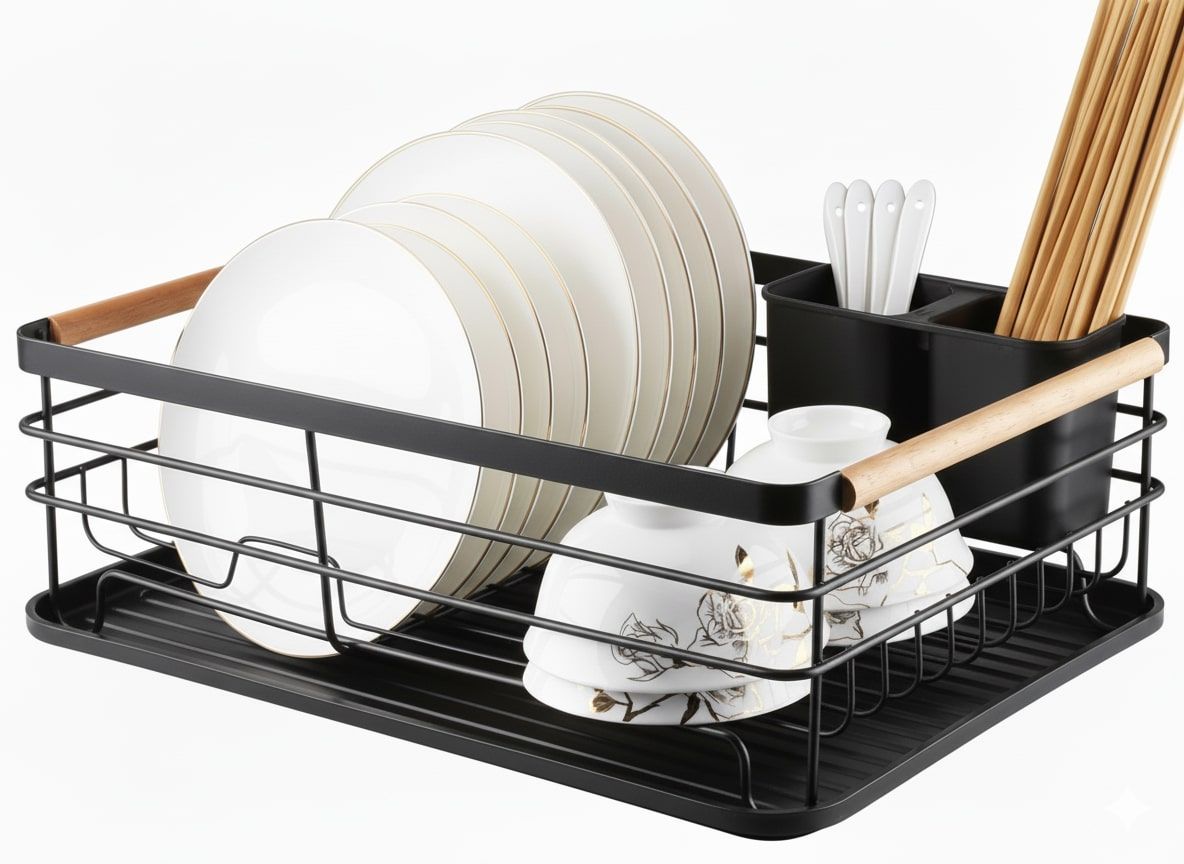 CARLA HOME Dish Drying Rack with Wooden Handles, Removable Cutlery Holder & Drainboard for Kitchen Countertop V178-36324
