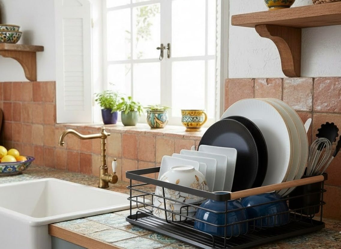 CARLA HOME Dish Drying Rack with Wooden Handles, Removable Cutlery Holder & Drainboard for Kitchen Countertop V178-36324