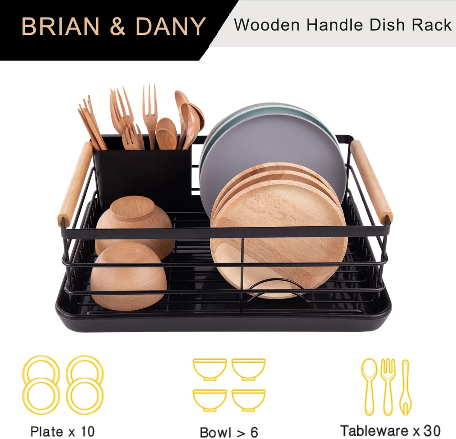 CARLA HOME Dish Drying Rack with Wooden Handles, Removable Cutlery Holder & Drainboard for Kitchen Countertop V178-36324