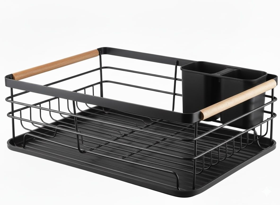 CARLA HOME Dish Drying Rack with Wooden Handles, Removable Cutlery Holder & Drainboard for Kitchen Countertop V178-36324