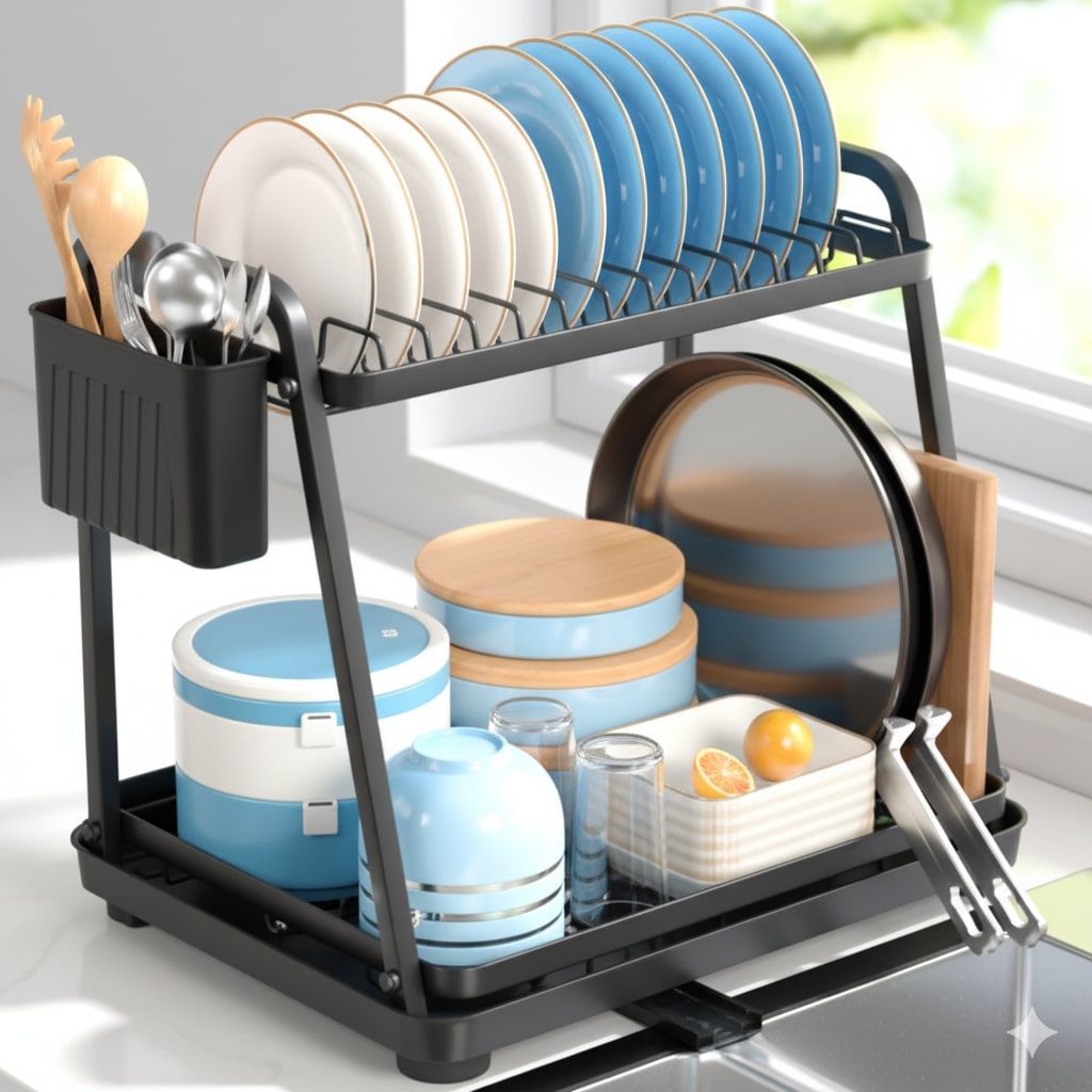 CARLA HOME 2-Tier Dish Drying Rack for Kitchen Countertop with Drainage Tray, Utensil Holder, Cutting Board V178-36325