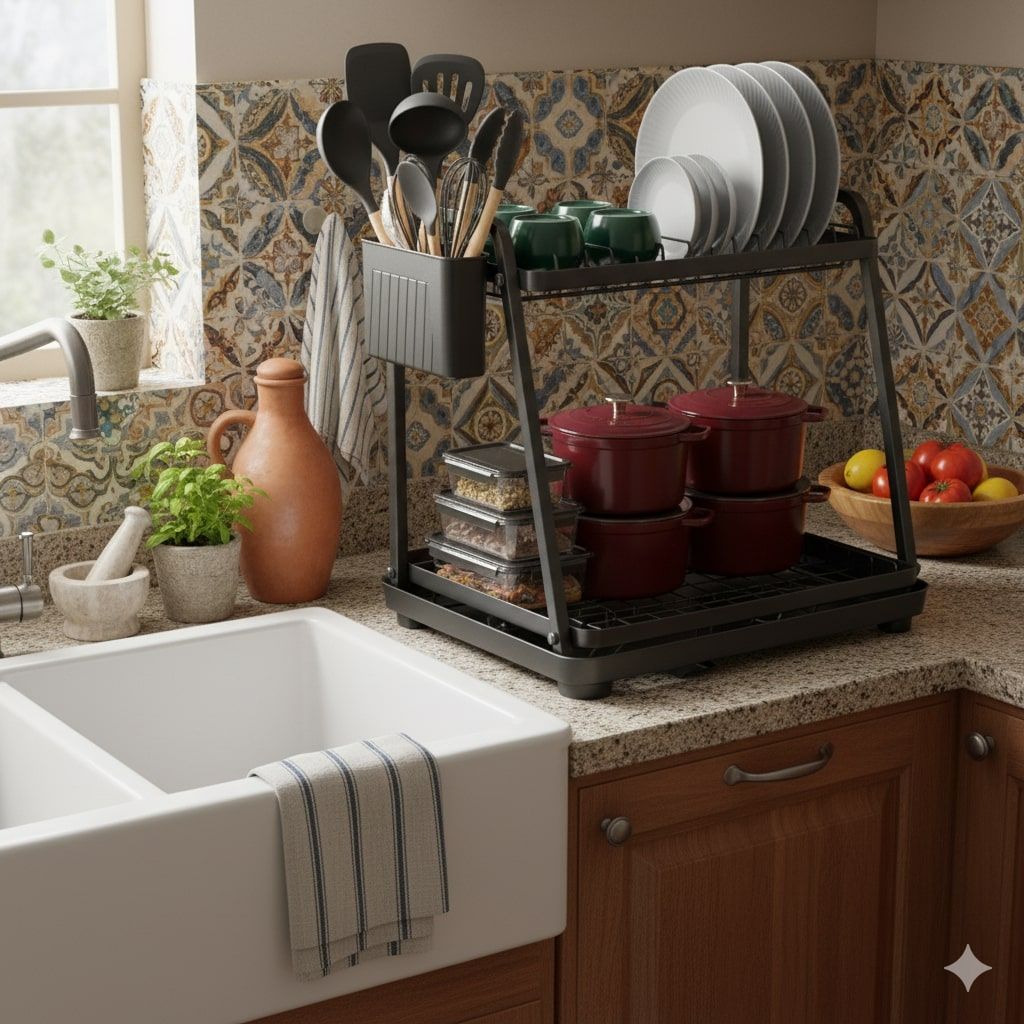 CARLA HOME 2-Tier Dish Drying Rack for Kitchen Countertop with Drainage Tray, Utensil Holder, Cutting Board V178-36325