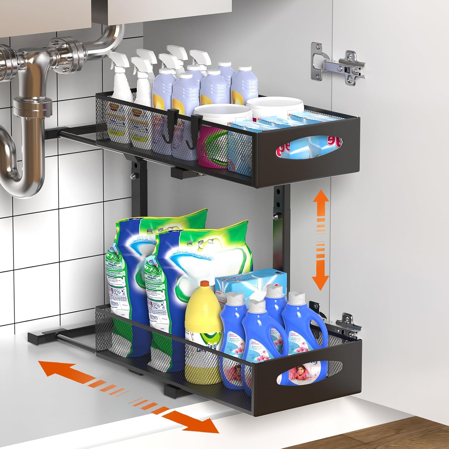 CARLA HOME 2 Tier Under Sink Organizer Pull Out Sliding Cabinet Storage Shelf with Height Adjustable for V178-36328