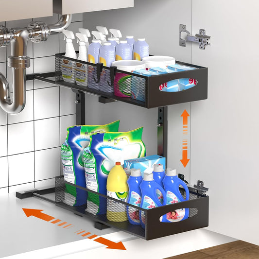CARLA HOME 2 Tier Under Sink Organizer Pull Out Sliding Cabinet Storage Shelf with Height Adjustable for V178-36328
