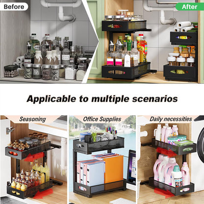 CARLA HOME 2 Tier Under Sink Organizer Pull Out Sliding Cabinet Storage Shelf with Height Adjustable for V178-36328