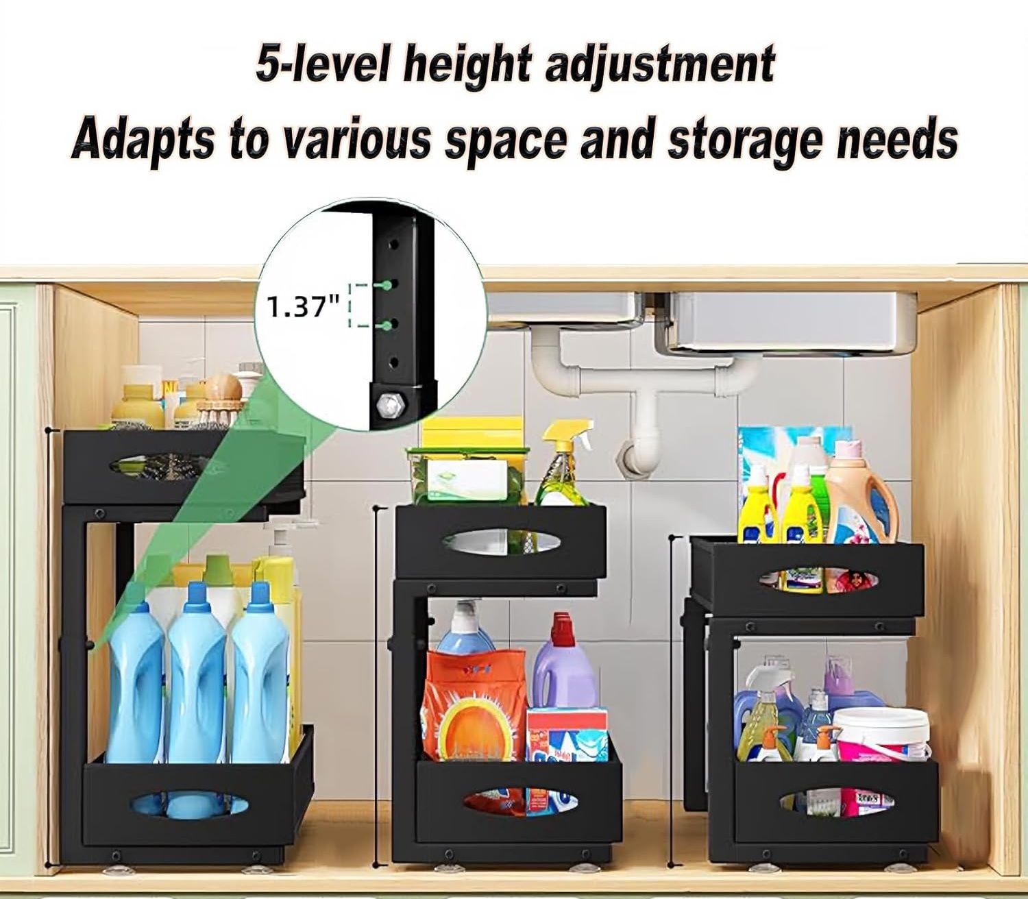 CARLA HOME 2 Tier Under Sink Organizer Pull Out Sliding Cabinet Storage Shelf with Height Adjustable for V178-36328