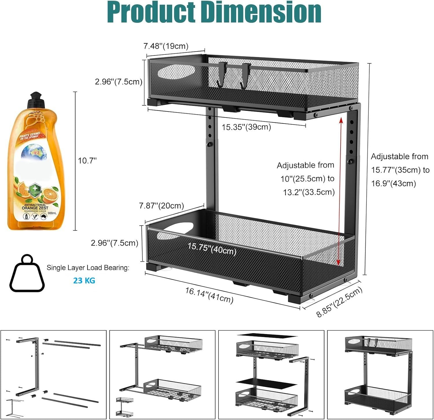 CARLA HOME 2 Tier Under Sink Organizer Pull Out Sliding Cabinet Storage Shelf with Height Adjustable for V178-36328