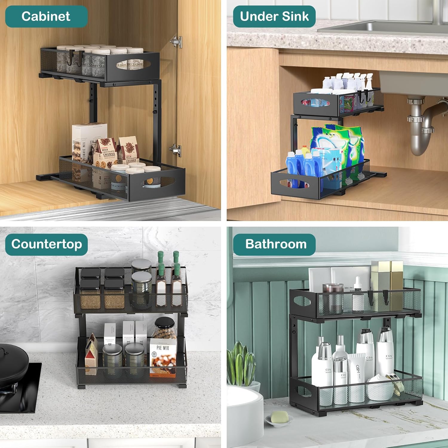 CARLA HOME 2 Pack Under Sink Organizer Pull Out Sliding Cabinet Storage Shelf with Height Adjustable for V178-36329