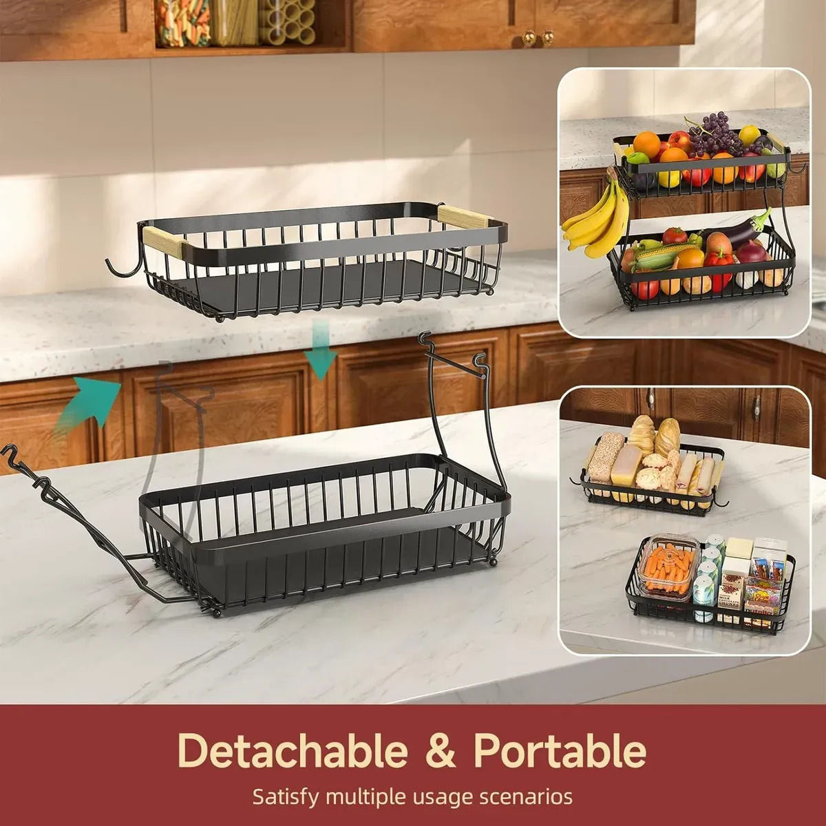 CARLA HOME 2-Tier Fruit Basket Metal Storage Bowl Kitchen Counter Organizer with Handles for Fruits, V178-36334