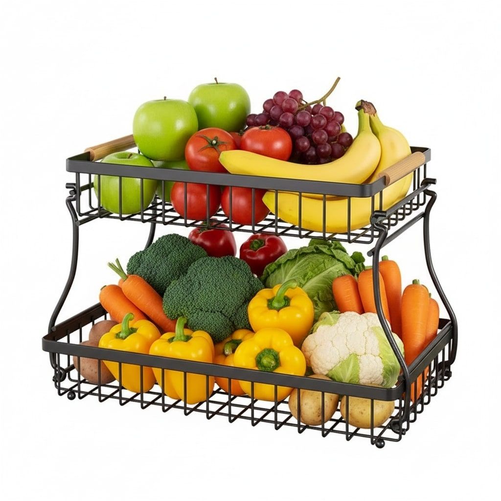 CARLA HOME 2-Tier Fruit Basket Metal Storage Bowl Kitchen Counter Organizer with Handles for Fruits, V178-36334