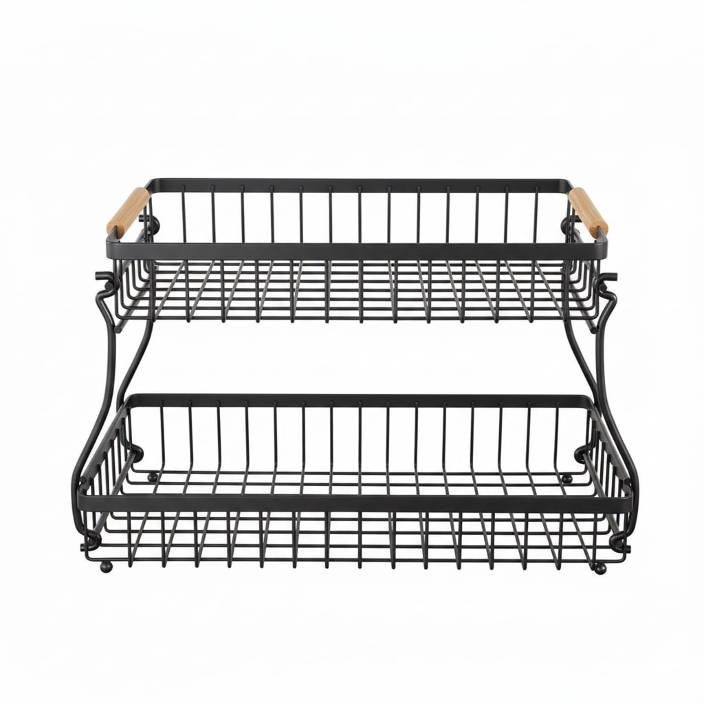 CARLA HOME 2-Tier Fruit Basket Metal Storage Bowl Kitchen Counter Organizer with Handles for Fruits, V178-36334