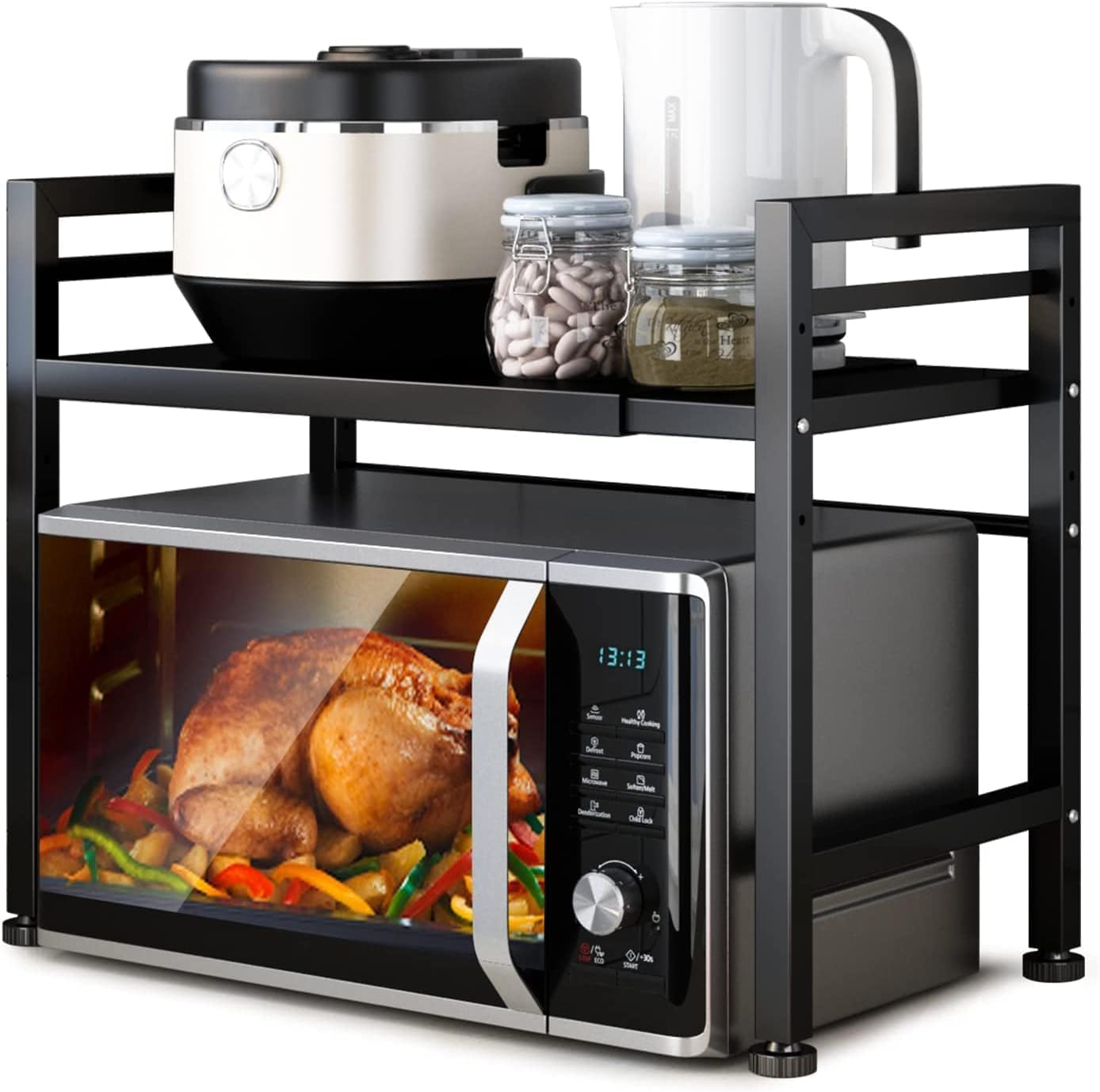 CARLA HOME 2-Tier Microwave Oven Rack with Adjustable Metal Kitchen Shelf Stand for Countertop Storage and 6 V178-36336