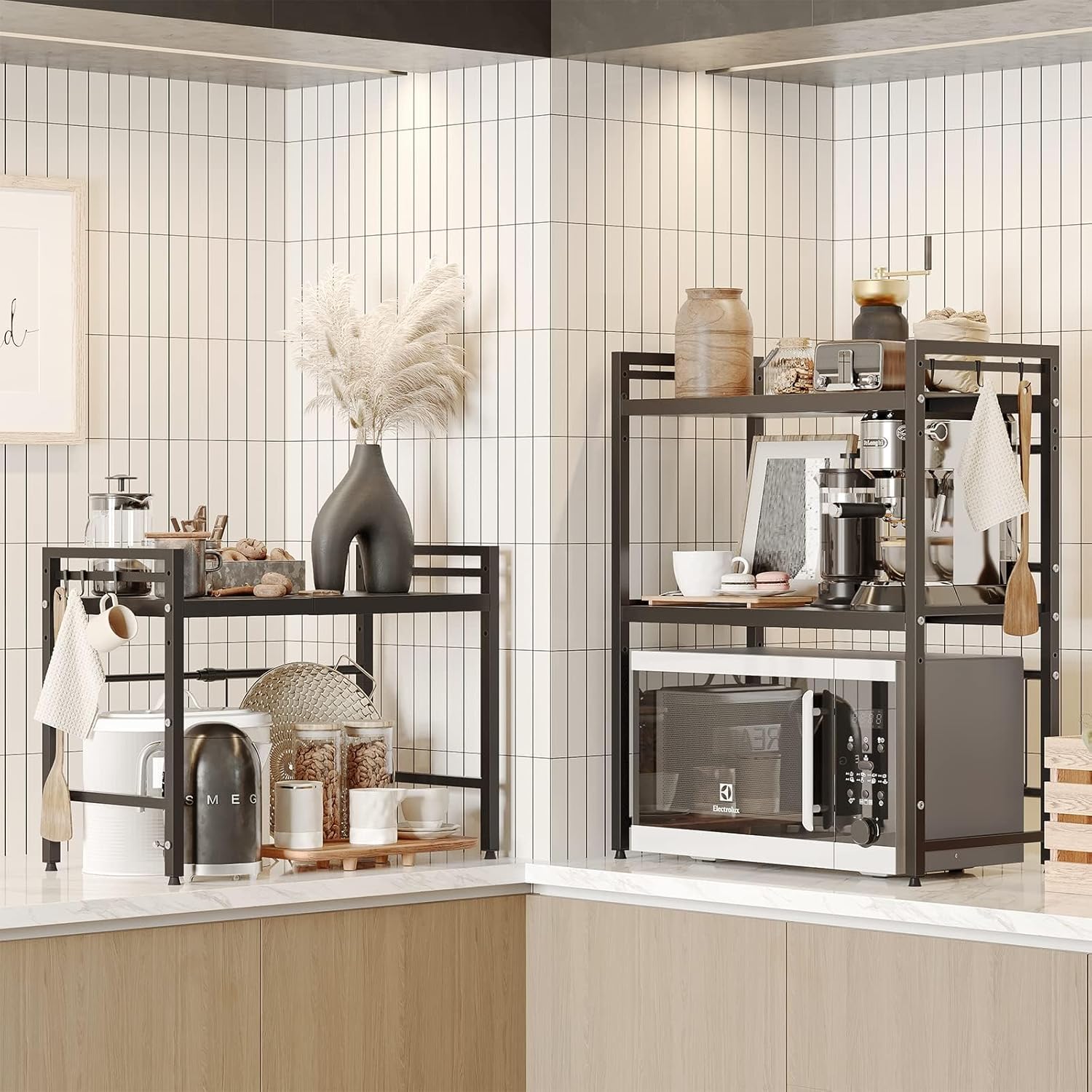 CARLA HOME 2-Tier Microwave Oven Rack with Adjustable Metal Kitchen Shelf Stand for Countertop Storage and 6 V178-36336