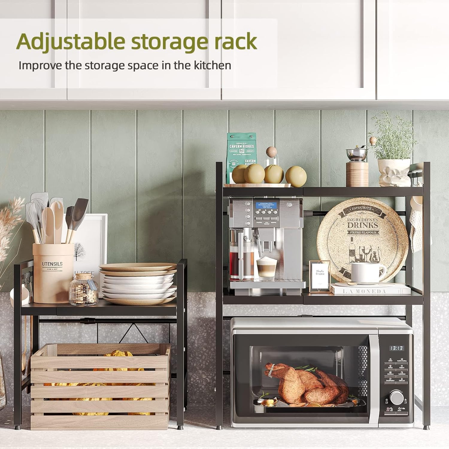 CARLA HOME 2-Tier Microwave Oven Rack with Adjustable Metal Kitchen Shelf Stand for Countertop Storage and 6 V178-36336