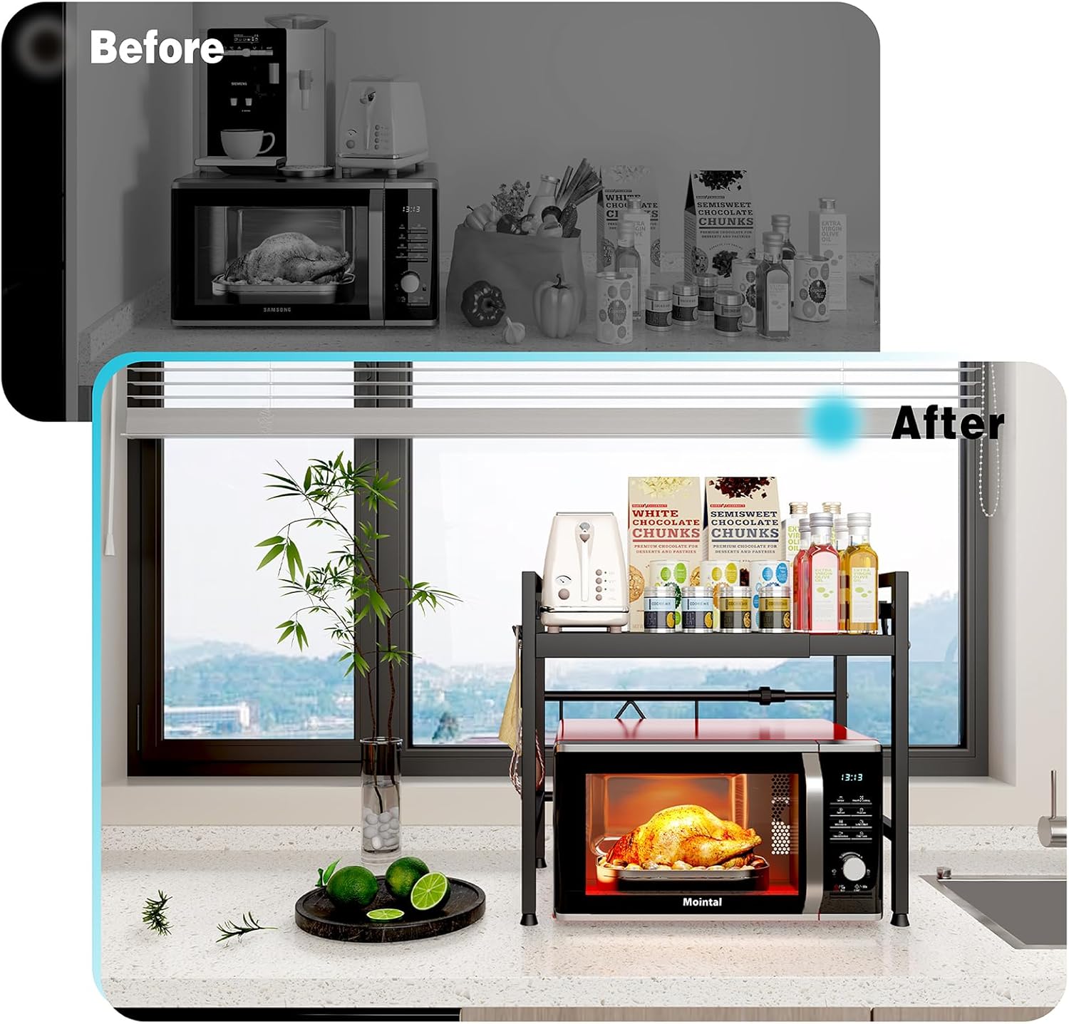 CARLA HOME 2-Tier Microwave Oven Rack with Adjustable Metal Kitchen Shelf Stand for Countertop Storage and 6 V178-36336