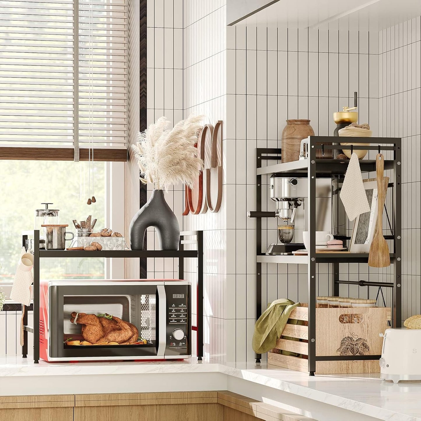 CARLA HOME 2-Tier Microwave Oven Rack with Adjustable Metal Kitchen Shelf Stand for Countertop Storage and 6 V178-36336
