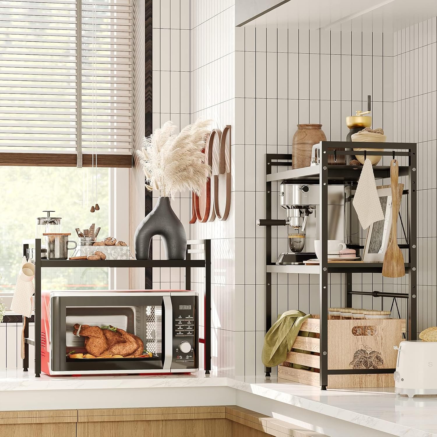 CARLA HOME 2-Tier Microwave Oven Rack with Adjustable Metal Kitchen Shelf Stand for Countertop Storage and 6 V178-36336