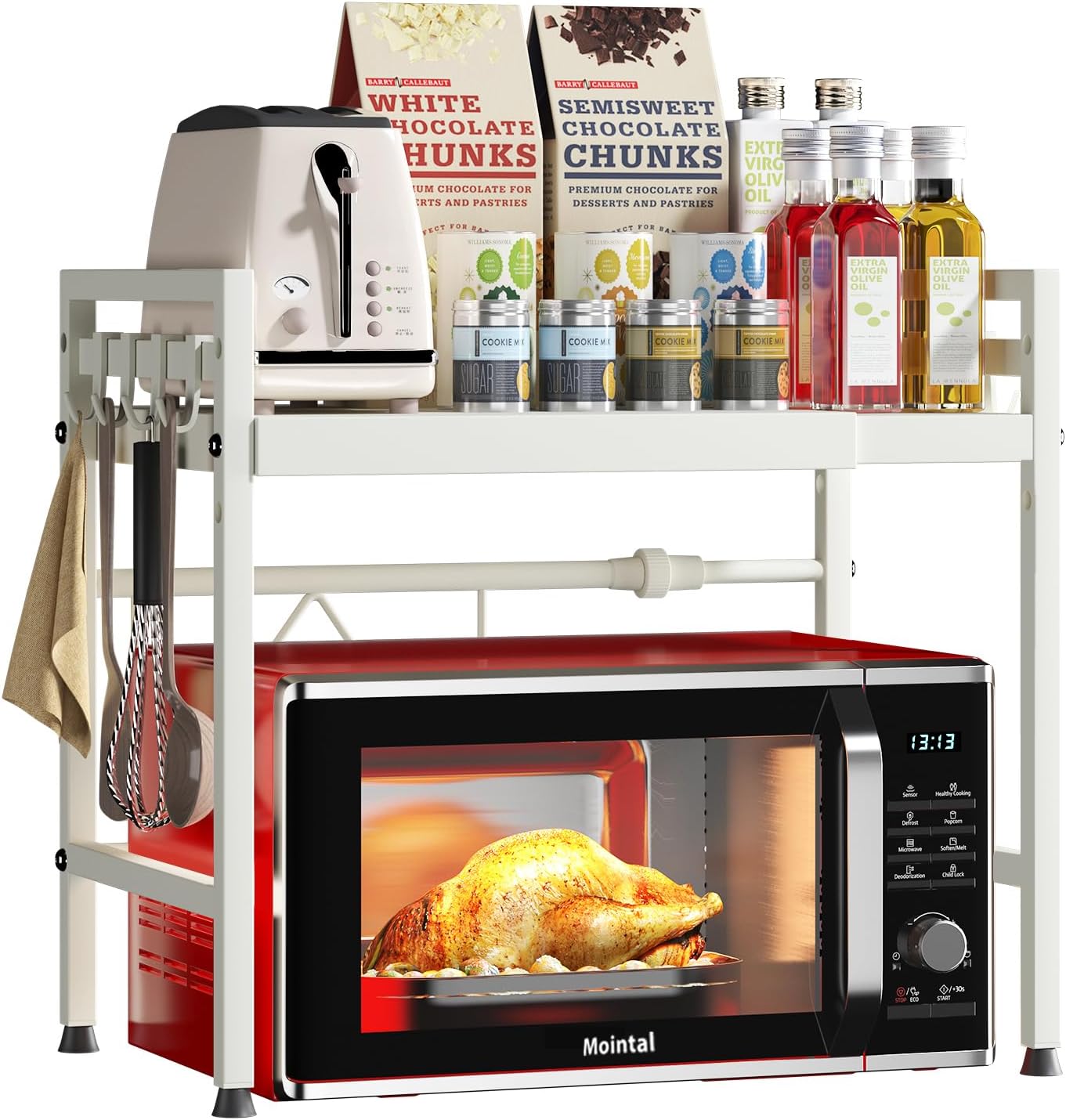 CARLA HOME 2-Tier Microwave Oven Rack with Adjustable Metal Kitchen Shelf Stand for Countertop Storage and 6 V178-36337