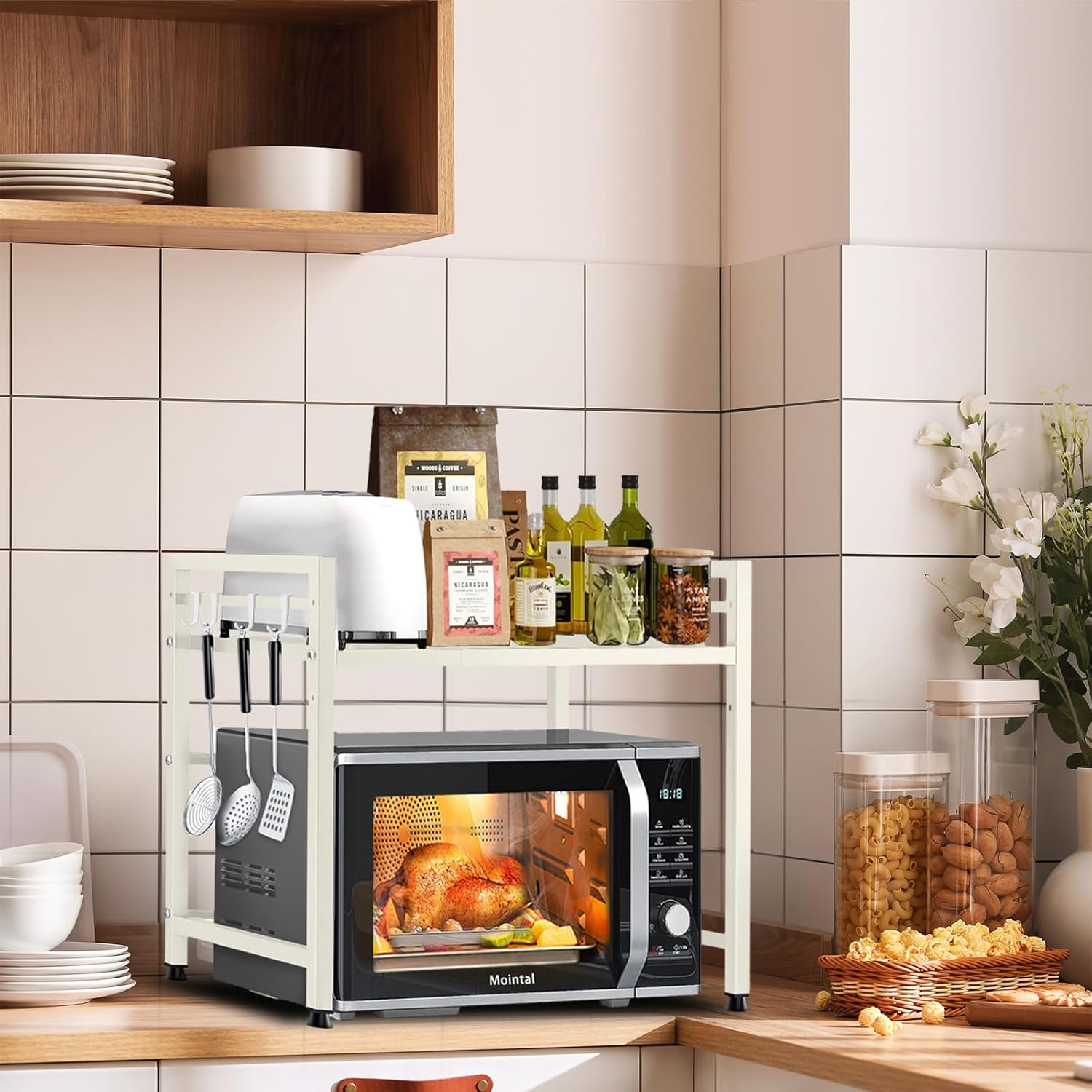 CARLA HOME 2-Tier Microwave Oven Rack with Adjustable Metal Kitchen Shelf Stand for Countertop Storage and 6 V178-36337