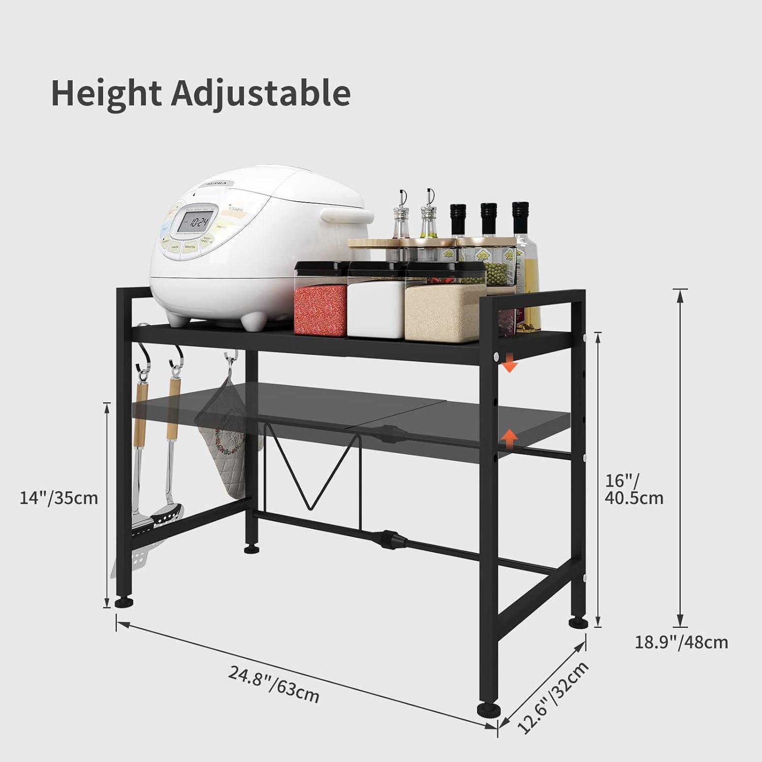 CARLA HOME 2-Tier Microwave Oven Rack with Adjustable Metal Kitchen Shelf Stand for Countertop Storage and 6 V178-36337