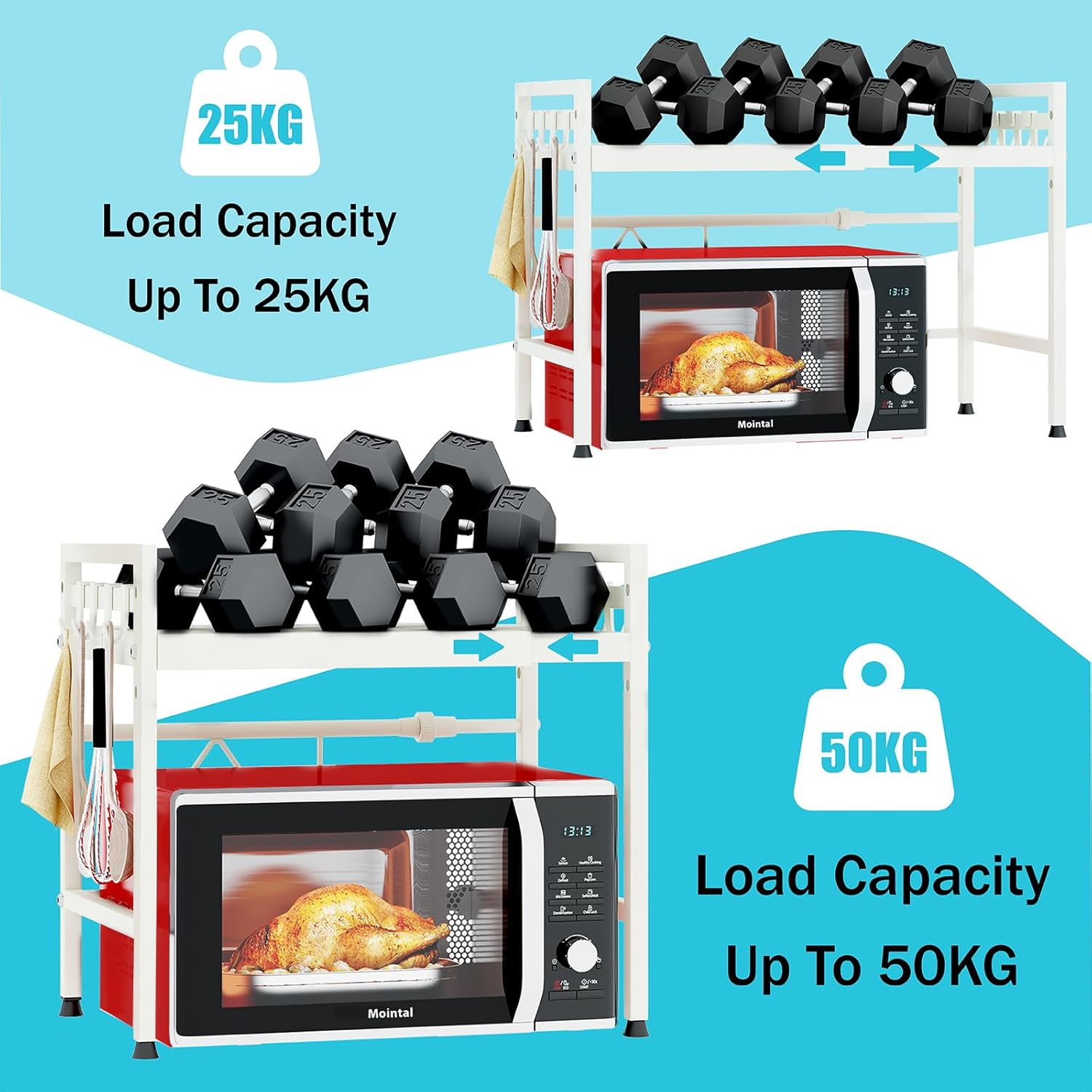 CARLA HOME 2-Tier Microwave Oven Rack with Adjustable Metal Kitchen Shelf Stand for Countertop Storage and 6 V178-36337
