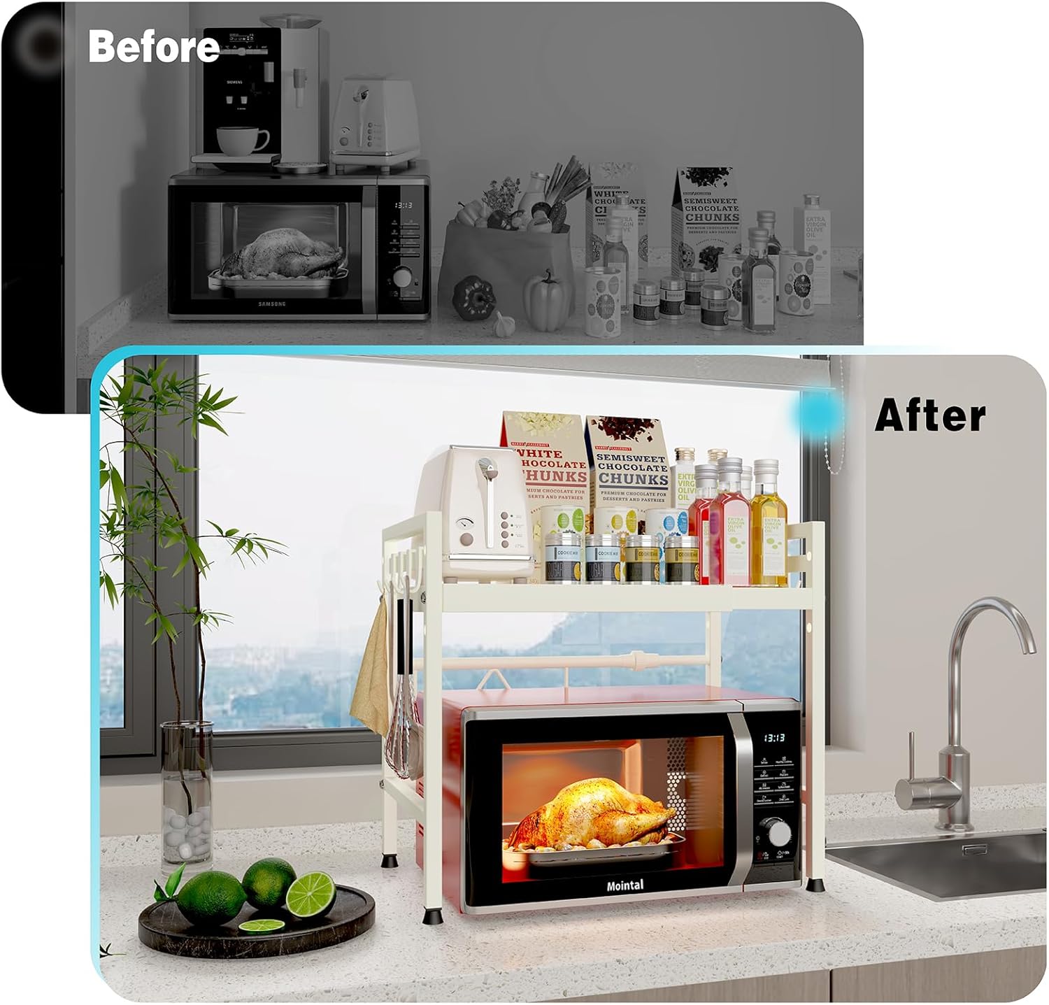 CARLA HOME 2-Tier Microwave Oven Rack with Adjustable Metal Kitchen Shelf Stand for Countertop Storage and 6 V178-36337