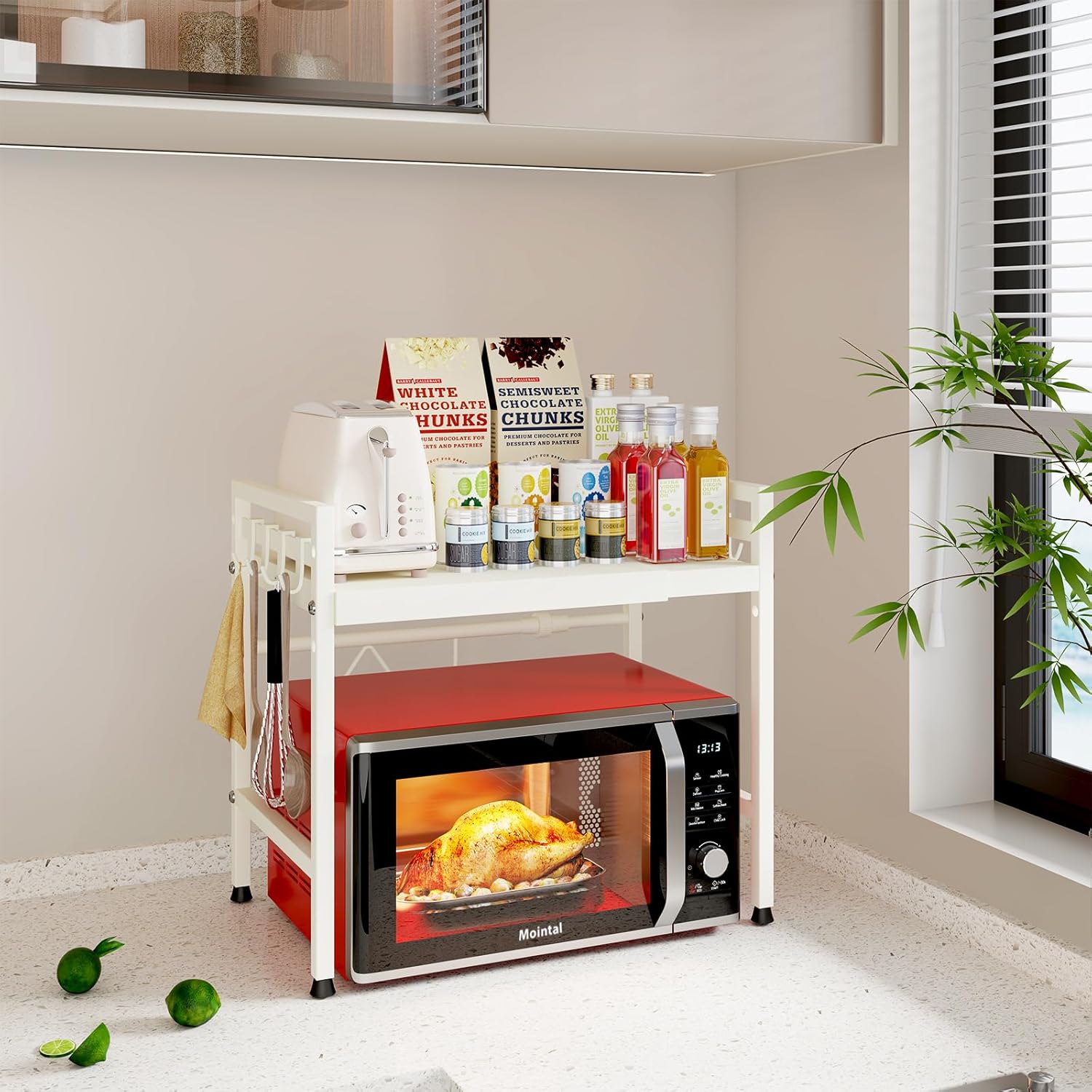 CARLA HOME 2-Tier Microwave Oven Rack with Adjustable Metal Kitchen Shelf Stand for Countertop Storage and 6 V178-36337
