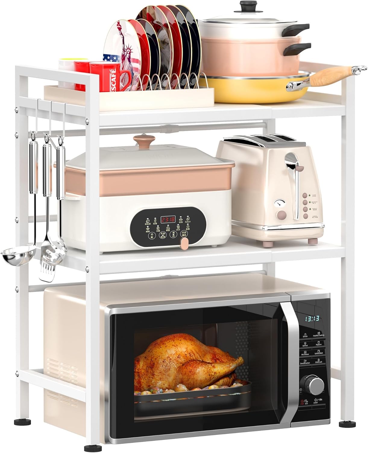 CARLA HOME 3-Tier Microwave Oven Rack with Adjustable Metal Kitchen Shelf Stand for Countertop Storage and 6 V178-36338