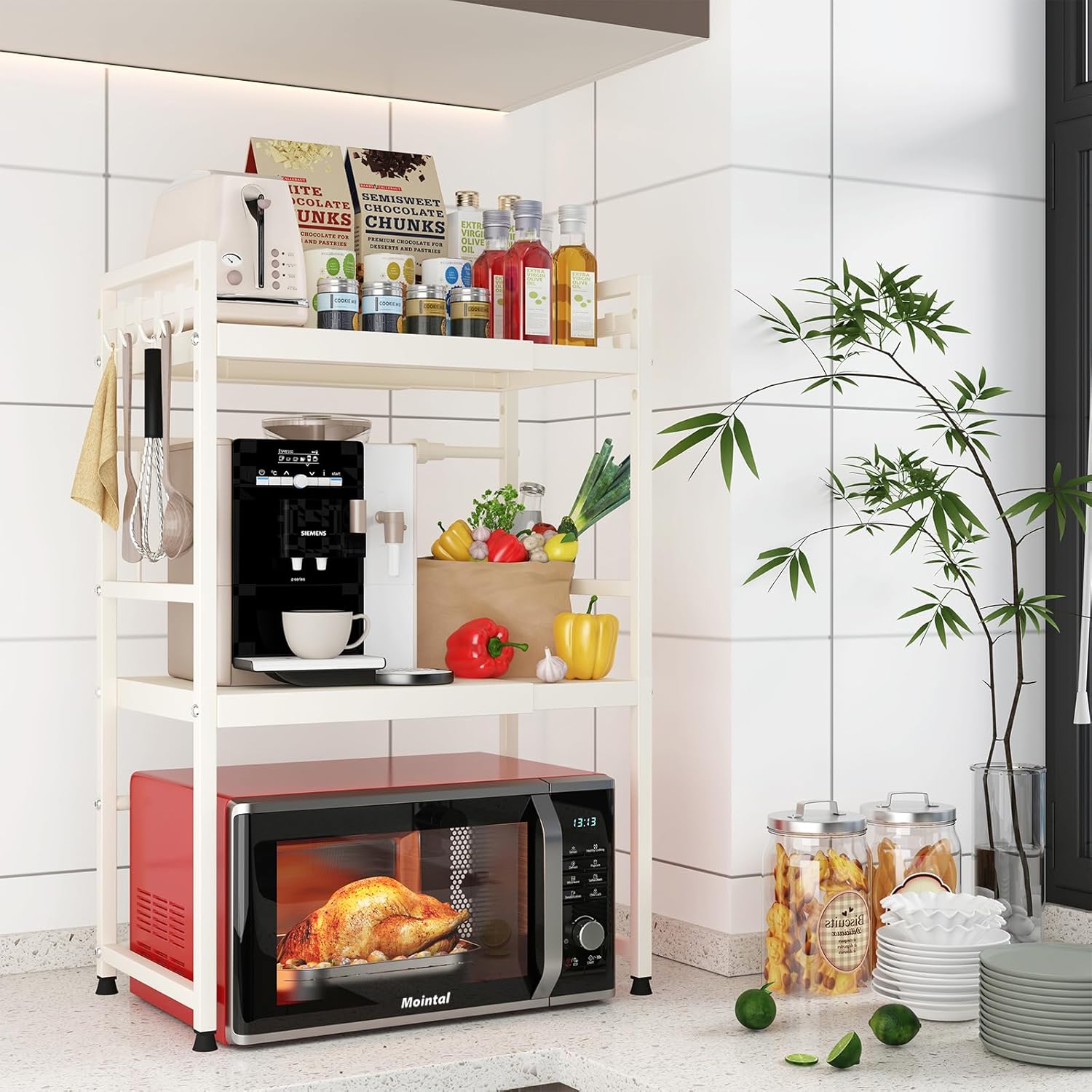 CARLA HOME 3-Tier Microwave Oven Rack with Adjustable Metal Kitchen Shelf Stand for Countertop Storage and 6 V178-36338