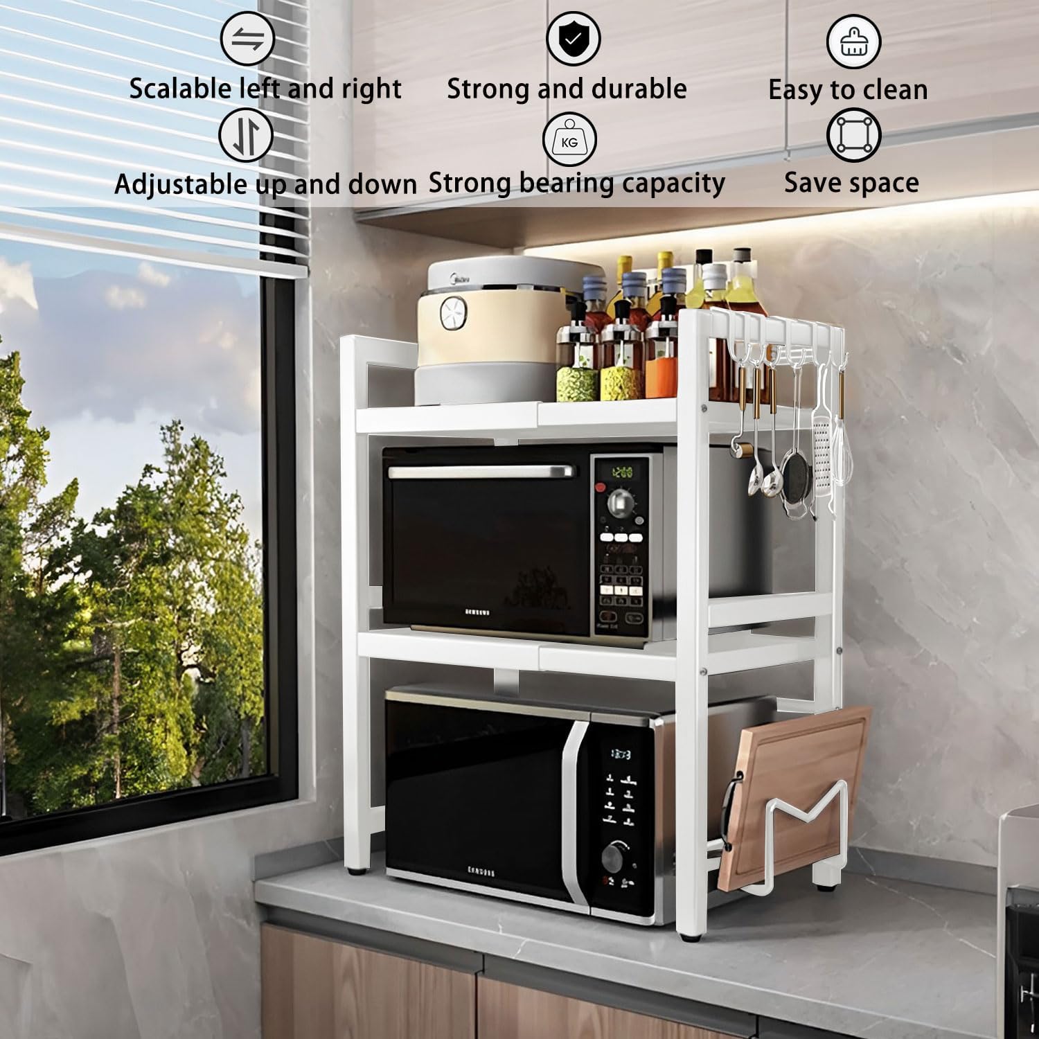 CARLA HOME 3-Tier Microwave Oven Rack with Adjustable Metal Kitchen Shelf Stand for Countertop Storage and 6 V178-36338
