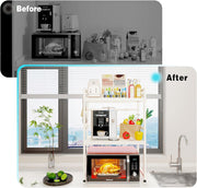 CARLA HOME 3-Tier Microwave Oven Rack with Adjustable Metal Kitchen Shelf Stand for Countertop Storage and 6 V178-36338