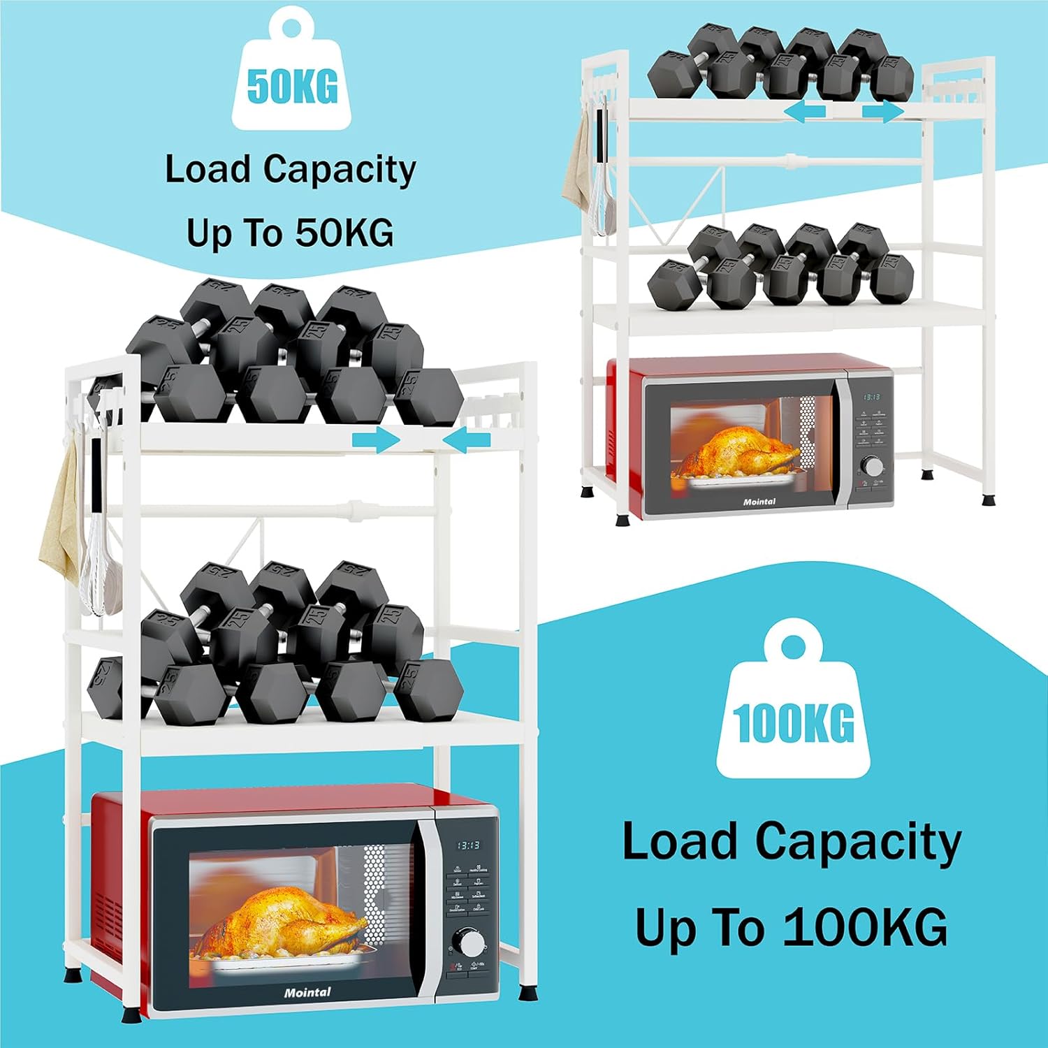 CARLA HOME 3-Tier Microwave Oven Rack with Adjustable Metal Kitchen Shelf Stand for Countertop Storage and 6 V178-36338
