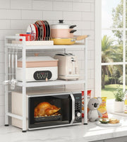 CARLA HOME 3-Tier Microwave Oven Rack with Adjustable Metal Kitchen Shelf Stand for Countertop Storage and 6 V178-36338