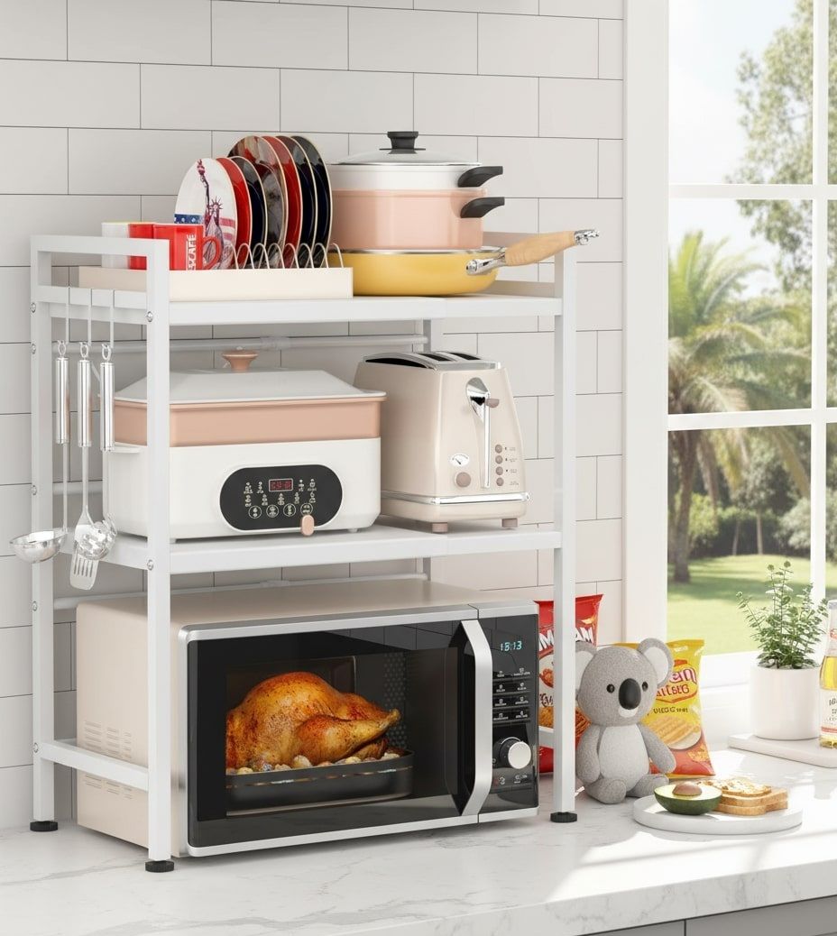 CARLA HOME 3-Tier Microwave Oven Rack with Adjustable Metal Kitchen Shelf Stand for Countertop Storage and 6 V178-36338