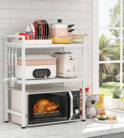 CARLA HOME 3-Tier Microwave Oven Rack with Adjustable Metal Kitchen Shelf Stand for Countertop Storage and 6 V178-36338