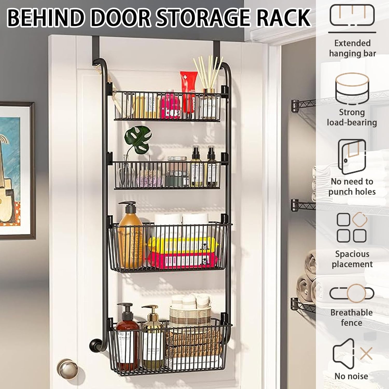 CARLA HOME 4-Tier Over the Door Organizer Heavy-Duty Metal Pantry Rack with Hanging Baskets for Home Kitchen V178-36339