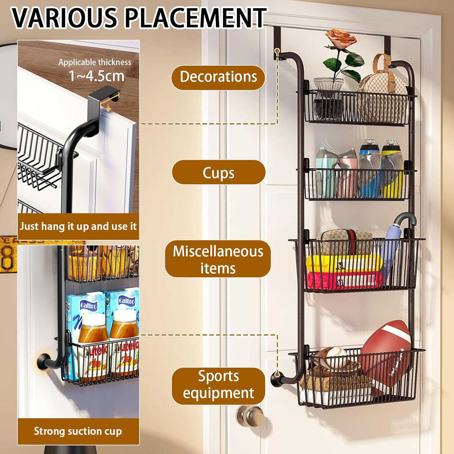 CARLA HOME 4-Tier Over the Door Organizer Heavy-Duty Metal Pantry Rack with Hanging Baskets for Home Kitchen V178-36339