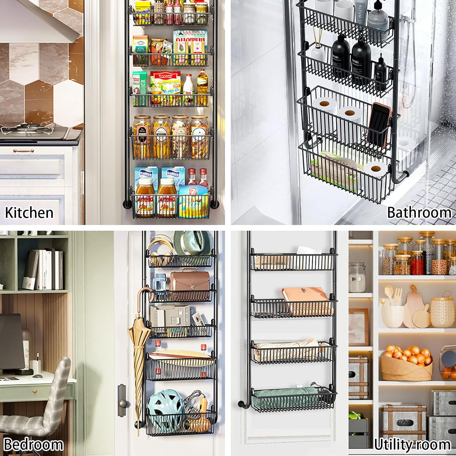 CARLA HOME 4-Tier Over the Door Organizer Heavy-Duty Metal Pantry Rack with Hanging Baskets for Home Kitchen V178-36339