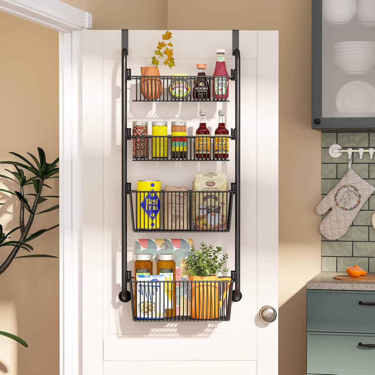 CARLA HOME 4-Tier Over the Door Organizer Heavy-Duty Metal Pantry Rack with Hanging Baskets for Home Kitchen V178-36339