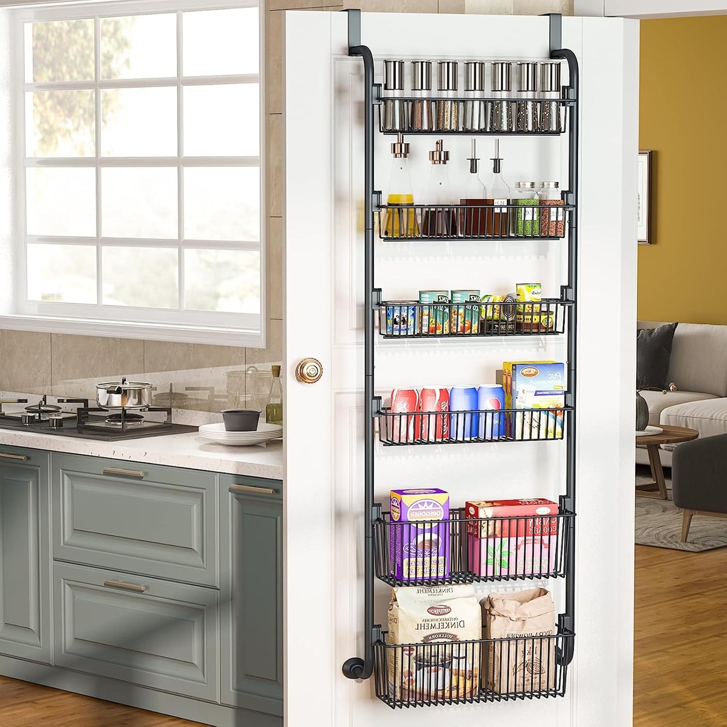 CARLA HOME 6-Tier Over the Door Organizer Heavy-Duty Metal Pantry Rack with Hanging Baskets for Home Kitchen V178-36340