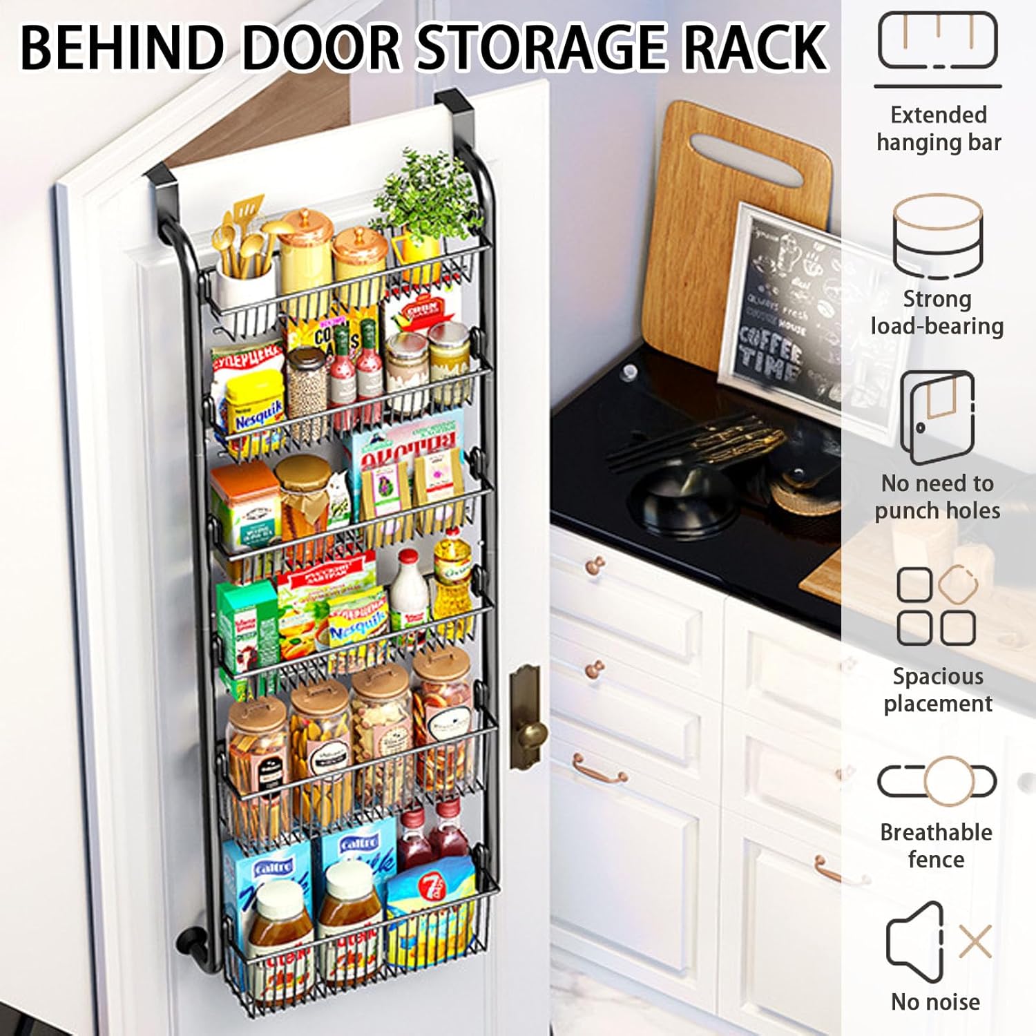 CARLA HOME 6-Tier Over the Door Organizer Heavy-Duty Metal Pantry Rack with Hanging Baskets for Home Kitchen V178-36340