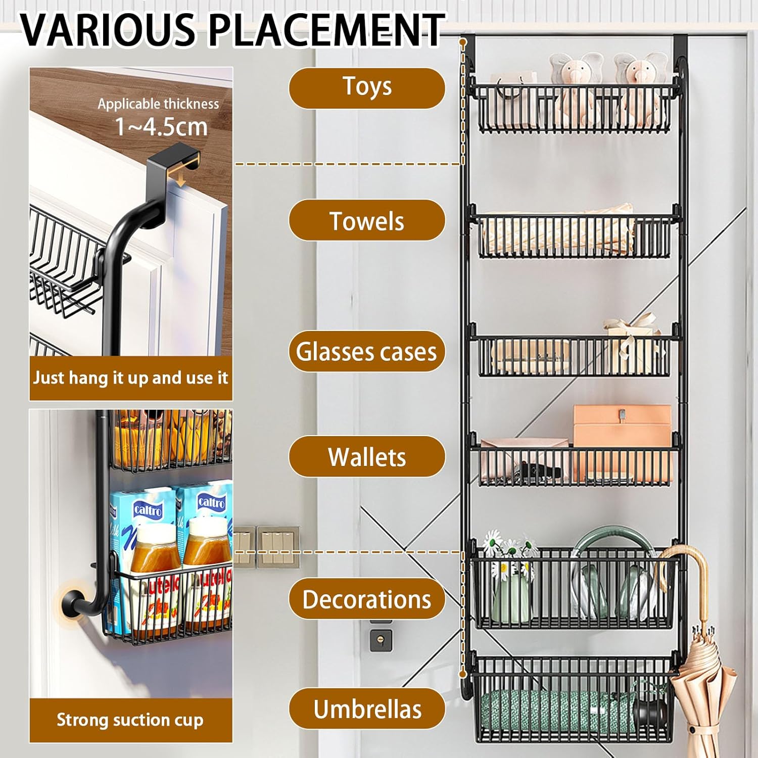 CARLA HOME 6-Tier Over the Door Organizer Heavy-Duty Metal Pantry Rack with Hanging Baskets for Home Kitchen V178-36340