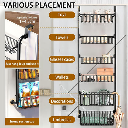CARLA HOME 6-Tier Over the Door Organizer Heavy-Duty Metal Pantry Rack with Hanging Baskets for Home Kitchen V178-36340
