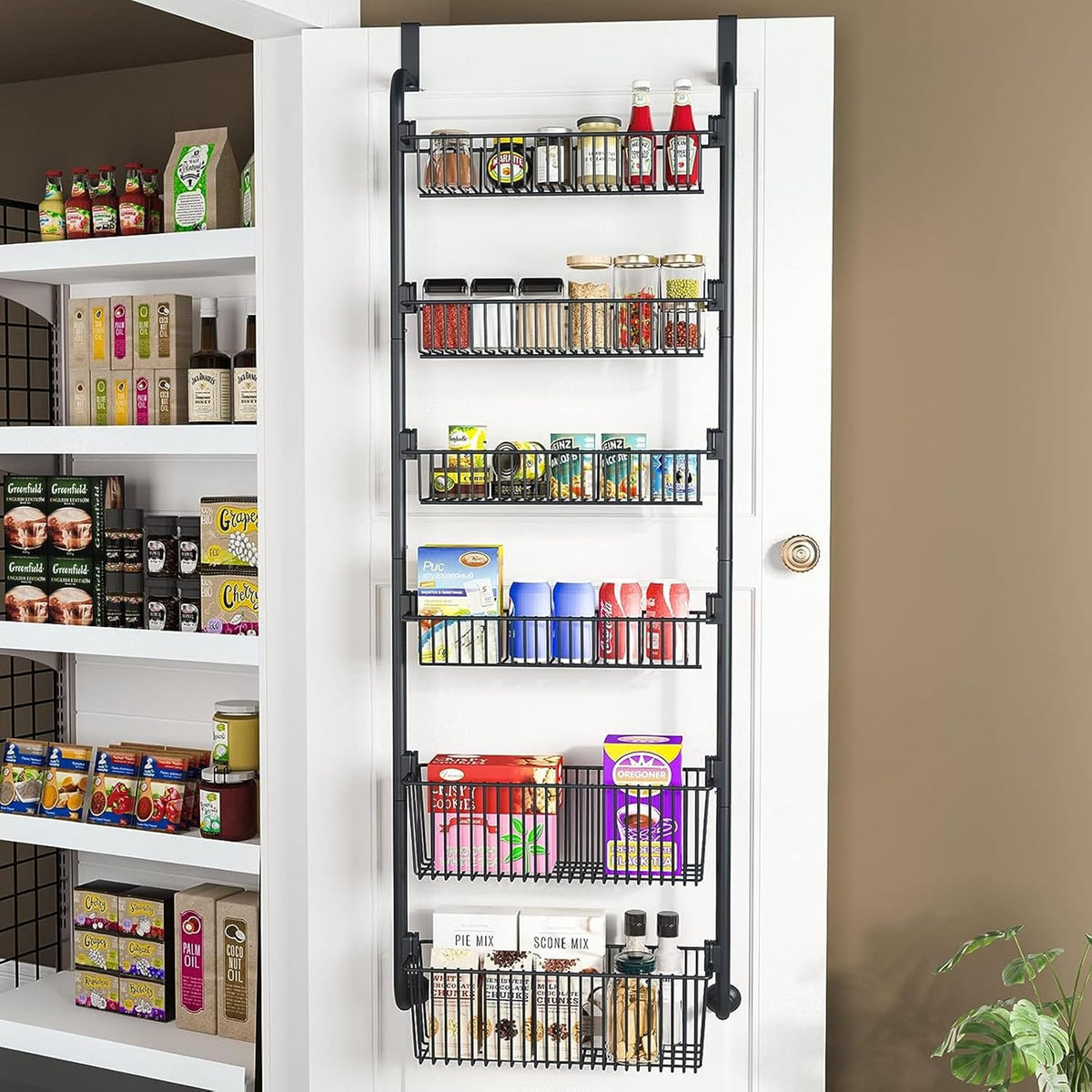 CARLA HOME 6-Tier Over the Door Organizer Heavy-Duty Metal Pantry Rack with Hanging Baskets for Home Kitchen V178-36340